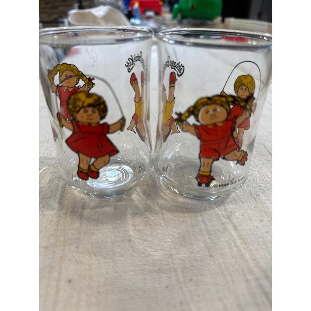 Vintage 1984 Cabbage Patch Kids Juice Glasses Set of 2 Clear Retro 80s Tumblers